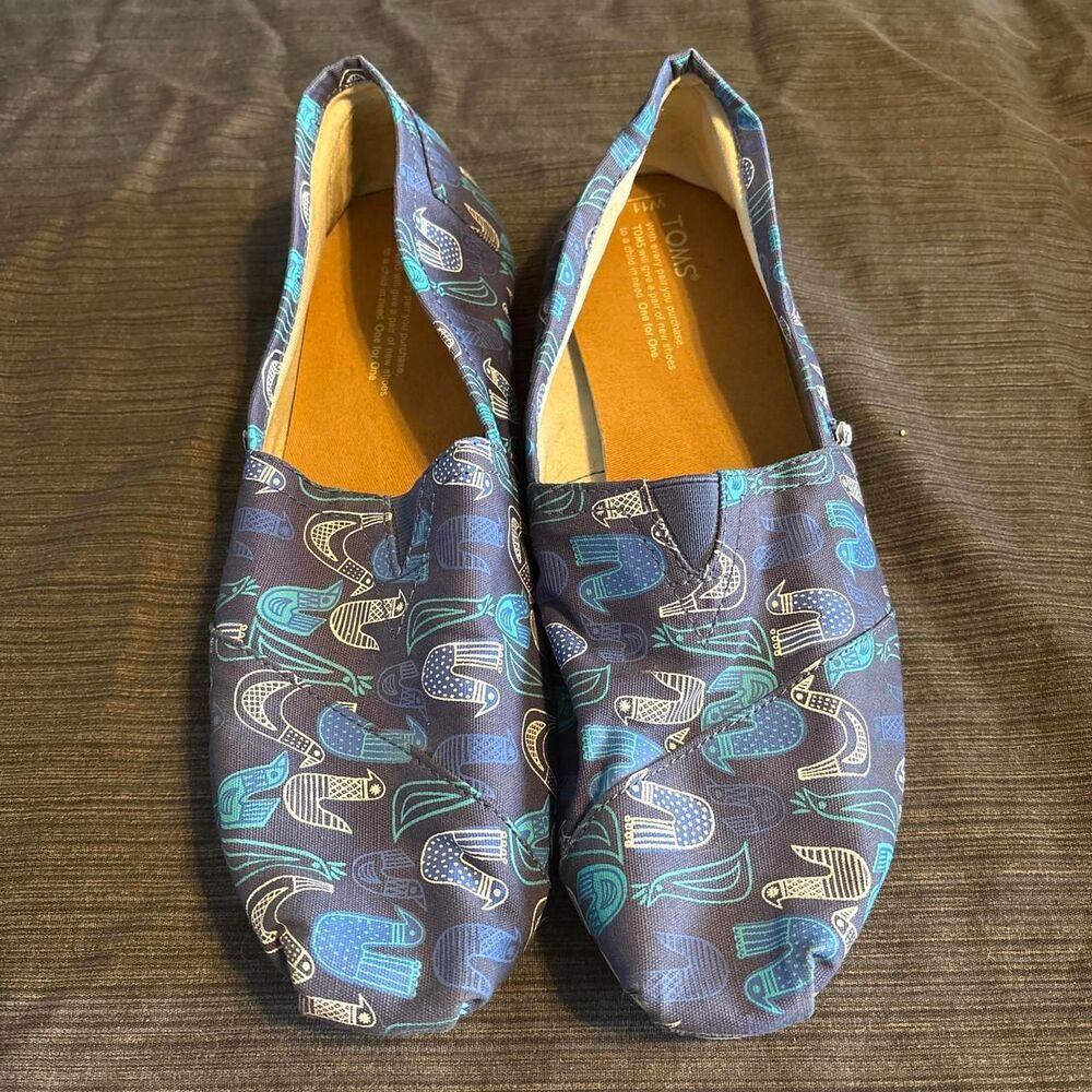 Toms Alpargata Blue/White Bird Print Slip-Ons Women's 11